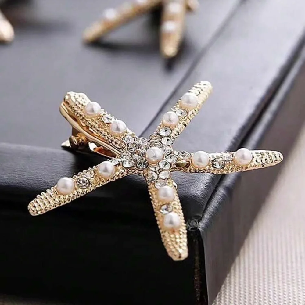 New 3pcs Starfish Gold White Pearl & Rhinestone 1.5